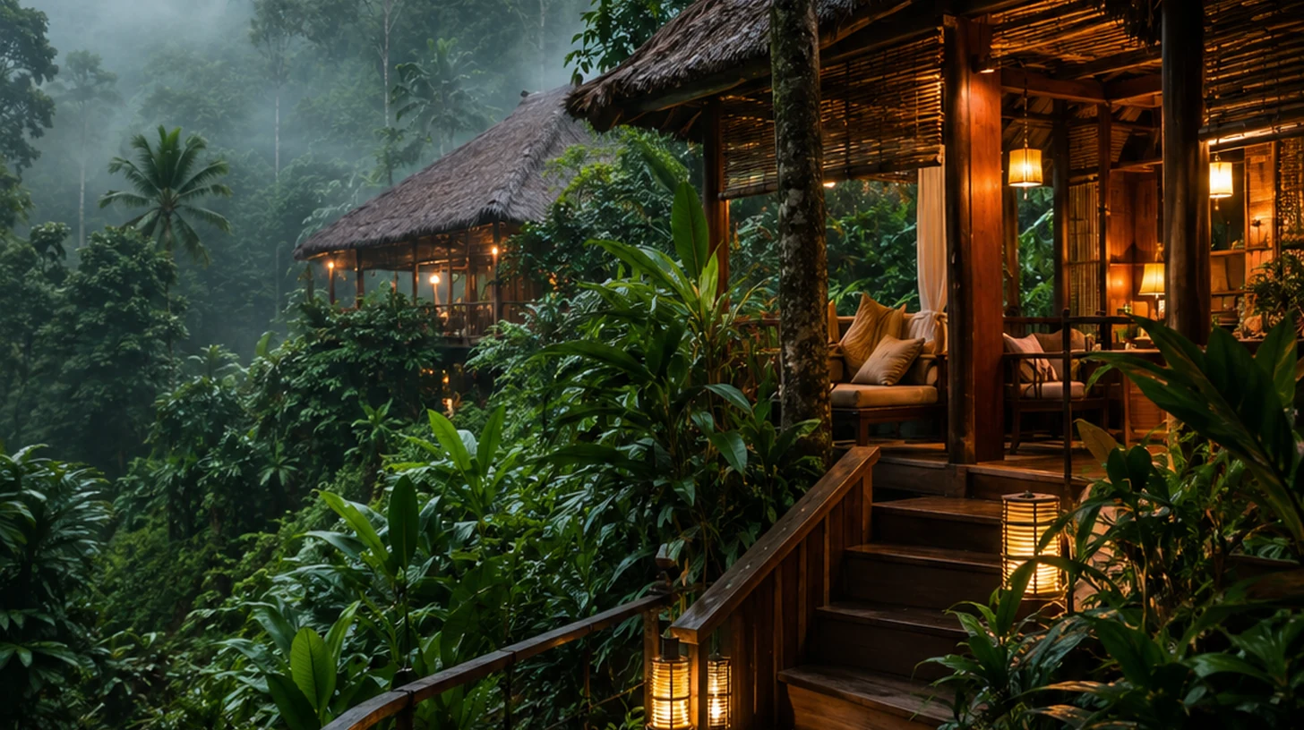 Warm lantern-lit eco-lodge in the Borneo jungle