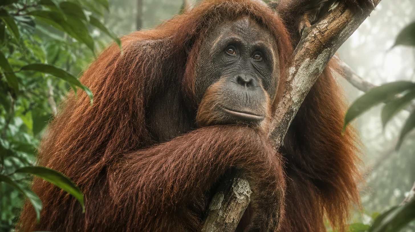 Orangutan portrait in Malaysian Borneo rainforest