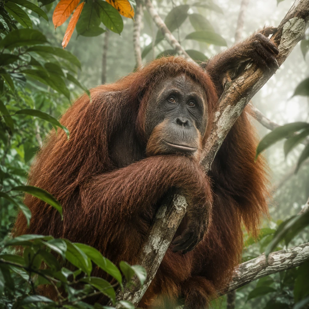 Bornean orangutan in misty Malaysian rainforest canopy