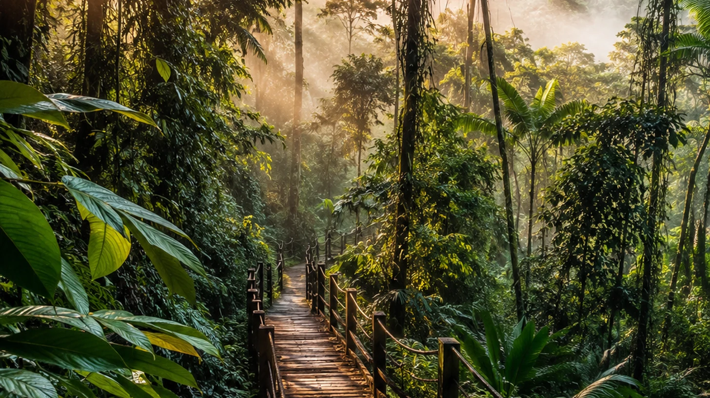 Scenic wooden boardwalk through dense Malaysian Borneo rainforest