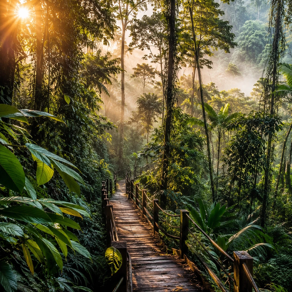 Protected Malaysian Borneo rainforest trail in golden mist